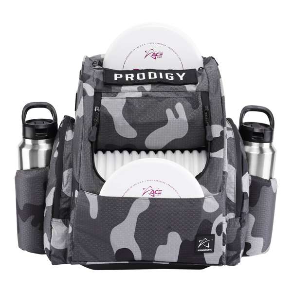 Prodigy BP2 V3 disc golf backpack in gray camouflage print with two water bottles and white discs.