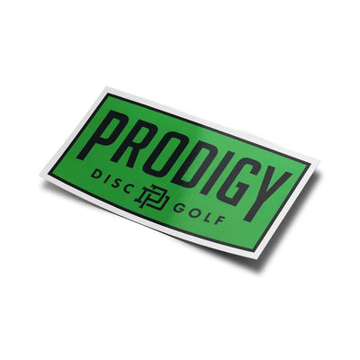 Rectangular green Prodigy Disc Golf sticker with bold black lettering and a thin black border around the edge.