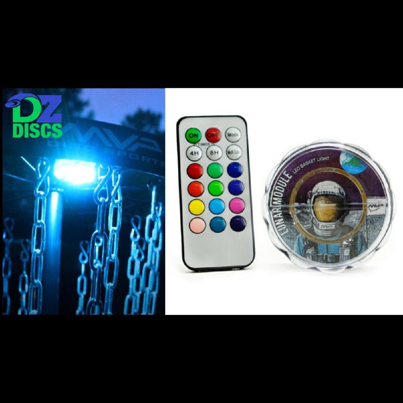 A rectangular, white remote control with colorful buttons and a clear-domed "lunar module" led basket light.