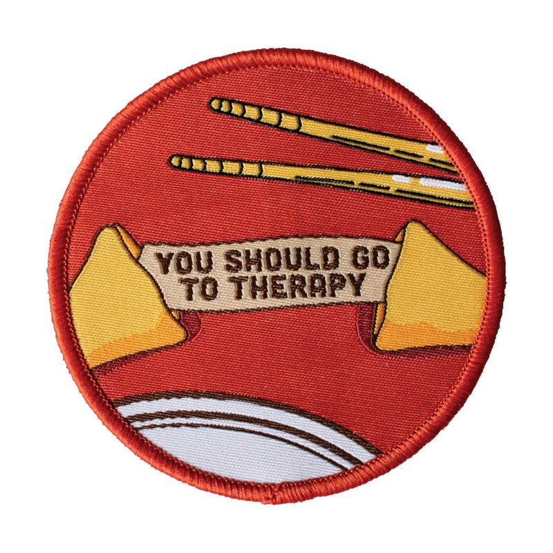 Round red embroidered patch featuring a fortune cookie with "YOU SHOULD GO TO THERAPY" and golden chopsticks.