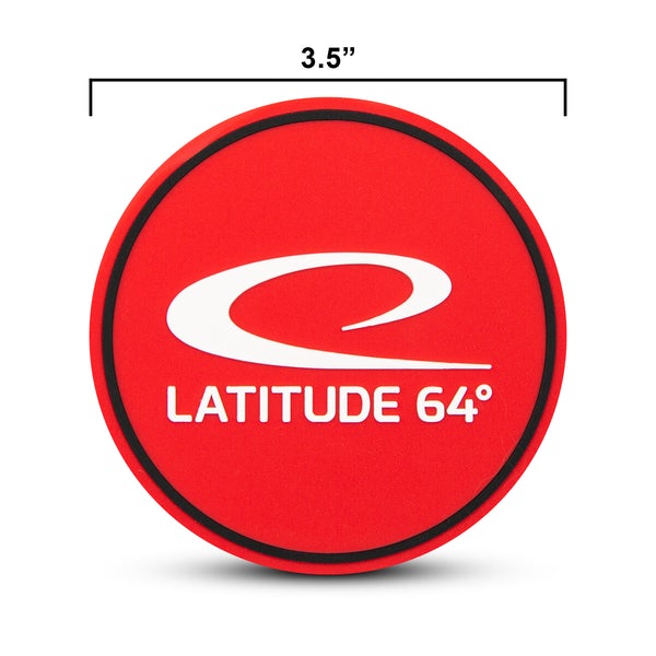 A round red latitude 64 flexible mini marker with a black rim and white logo, measuring 3.5 inches.