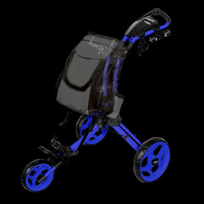 Blue Rovic RV1D disc golf push cart with three black and blue wheels and a dark grey bag.