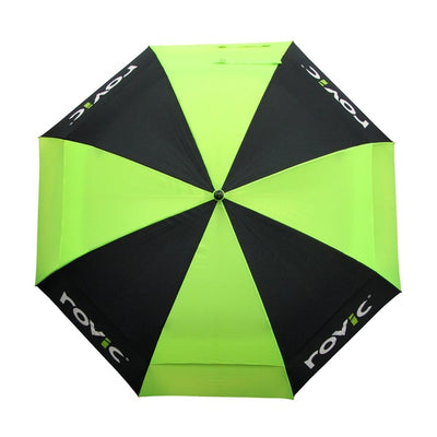 Overhead view of a black and lime green Rovic umbrella with alternating panels and the Rovic logo visible on black sections.