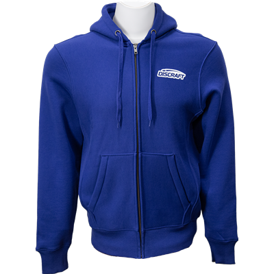 Royal blue discraft buzz full-zip hooded sweatshirt with white logo on chest and front pockets.