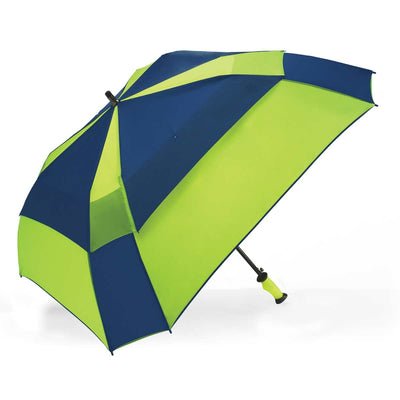 A ShedRain Windpro vented auto open umbrella in alternating navy blue and lime green panels.