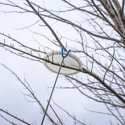 Silver telescoping retriever with a blue two-pronged claw grasping a white disc golf disc stuck in a bare tree.