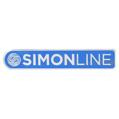 Long metallic enamel pin featuring the blue "SIMONLINE" logo with a unique circular S symbol on the left.