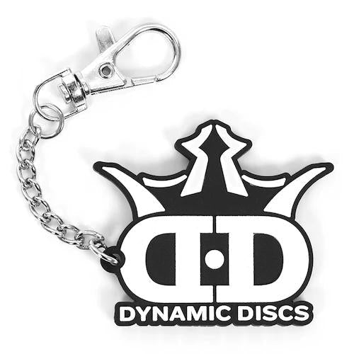 Small dynamic discs black and white rubber dd logo keychain with a silver chain and clasp on a white background.