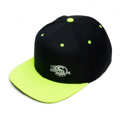Black Streamline snapback flatbill hat with a neon yellow brim and a white embroidered Streamline Discs logo.