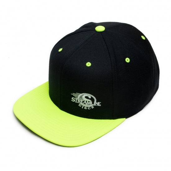 Black Streamline snapback flatbill hat with a neon yellow brim and a white embroidered Streamline Discs logo.
