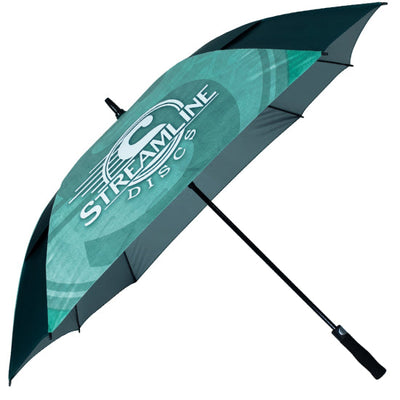 Streamline large square UV umbrella with dark teal and black canopy panels and a white Streamline Discs logo.