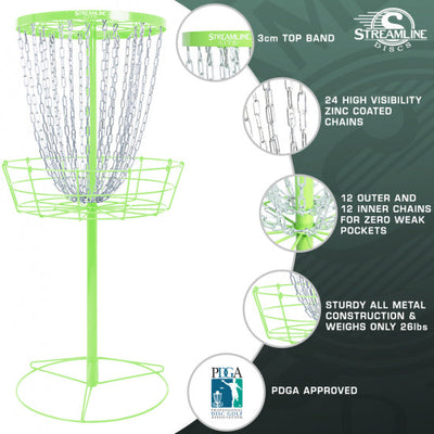 A bright lime green Streamline Lite portable disc golf basket made of sturdy metal, with high visibility zinc coated chains.