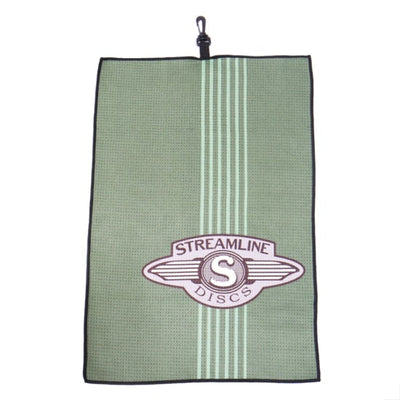 Pale green waffle-patterned microfiber towel with multiple light-green vertical stripes and a maroon Streamline Discs logo.