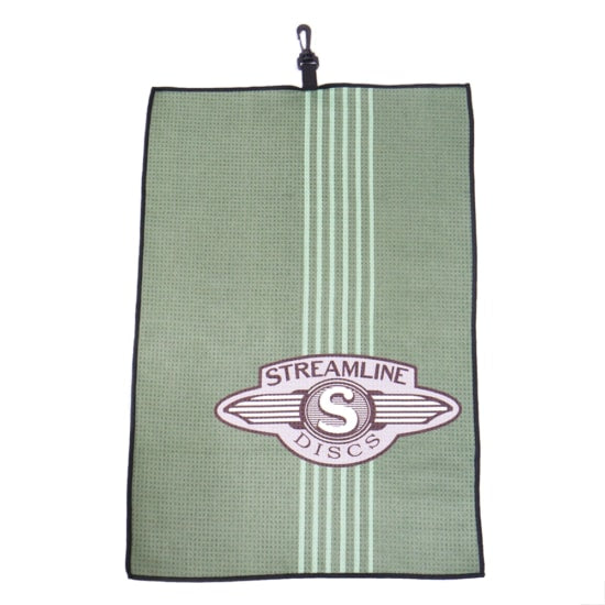 Pale green waffle-patterned microfiber towel with multiple light-green vertical stripes and a maroon Streamline Discs logo.