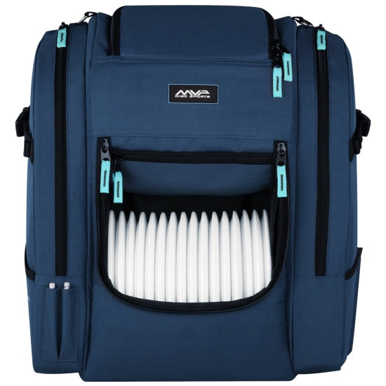 A tall, navy mvp voyager lite disc golf backpack with black zippers and turquoise pulls and 20 white discs visible in the.