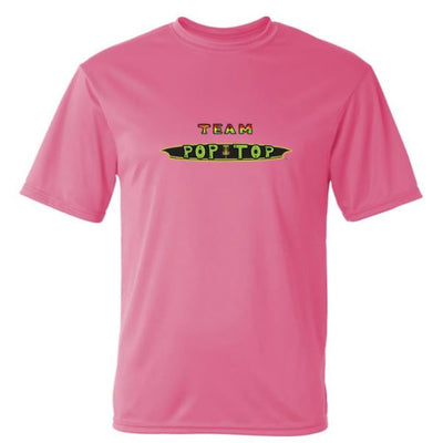 Pink "Team Pop Top" First Run t-shirt with a green, black, and red graphic across the chest.