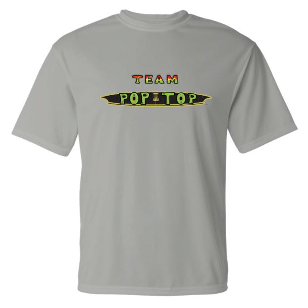 Light gray t-shirt with a "TEAM POP TOP" logo featuring red, green, and yellow text outlined in black and gold.