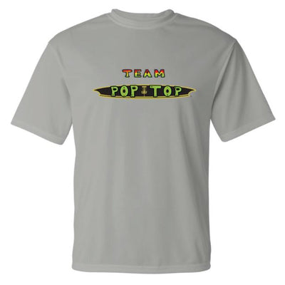 Gray Team Pop TOP short sleeve shirt with an oval black and yellow logo featuring a disc golf basket.
