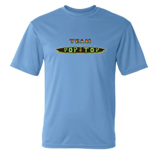Light blue fabric t-shirt featuring the "TEAM POP TOP" logo in colorful, stylized letters with a black outline.