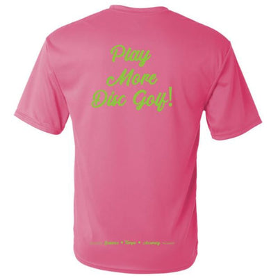 Back view of a hot pink Team Hans Team Pop Top First Run t-shirt with lime green "Play More Disc Golf!" text.