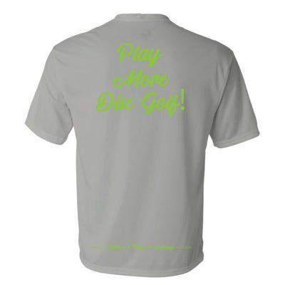 Gray Team Hans Pop Top First Run T-shirt with bright green "Play More Disc Golf!" text on the back.