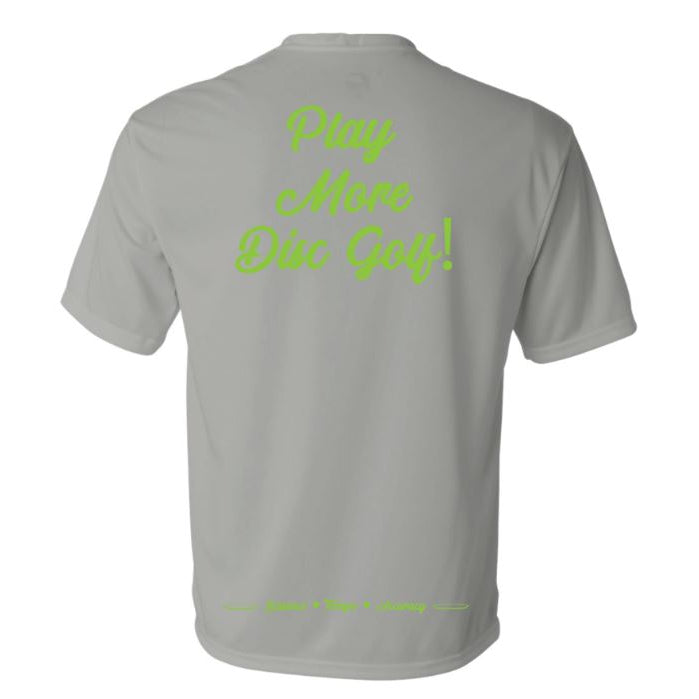 Gray Team Hans Pop Top First Run T-shirt with bright green "Play More Disc Golf!" text on the back.