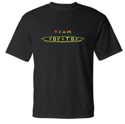 Black cotton t-shirt with a "TEAM POPiTOP" logotype printed in colorful red, green, and yellow text.