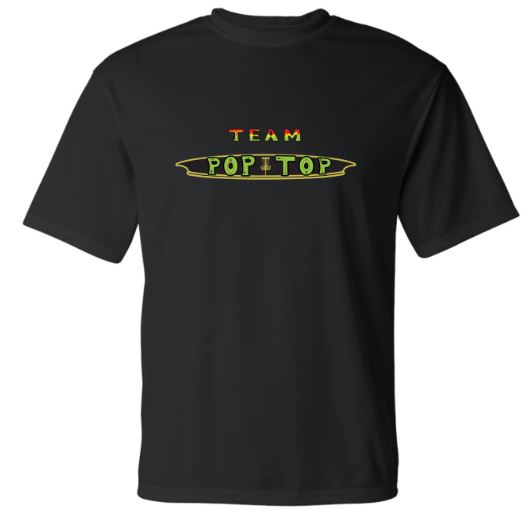 Black cotton t-shirt with a "TEAM POPiTOP" logotype printed in colorful red, green, and yellow text.