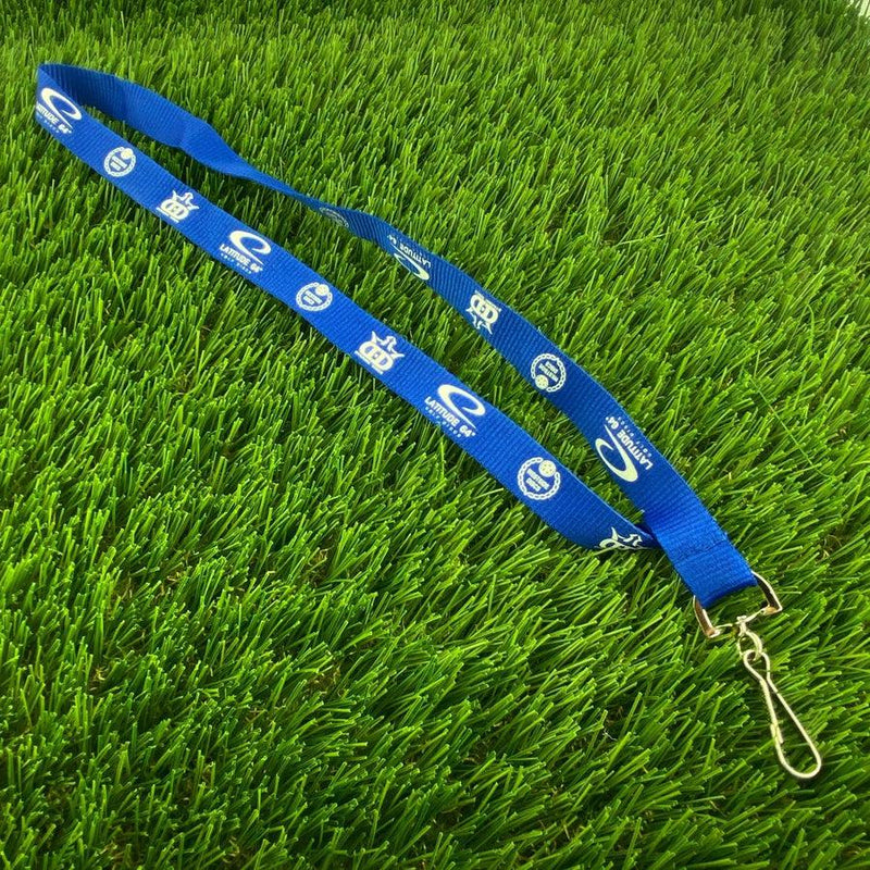 Blue Trilogy disc Golf Lanyard with Latitude 64, Westside Discs, and Dynamic Discs logos, featuring a silver metal clasp.