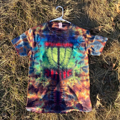 Tie-dyed t-shirt with a blue, orange, red, and green disc golf basket design on a white hanger.