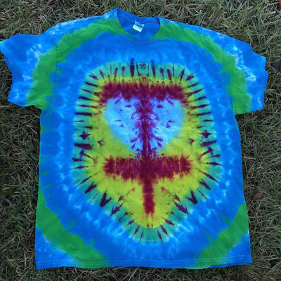 Vibrant tie-dye short sleeve t-shirt featuring a central burgundy and blue pattern surrounded by lime green and blue.