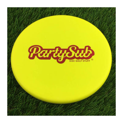 Solid yellow Westside BT Medium Harp disc golf putter with a red "Party Sub Disc Golf Stuff" stamp in the center.
