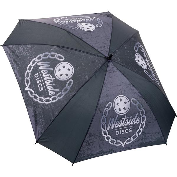 Black Westside Discs Arc Umbrella features a distressed gray and black pattern with silver chain logos.