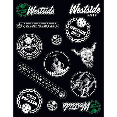 A sticker sheet with a variety of Westside Discs logos in white and green on a black background.