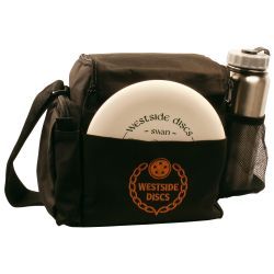 Black Westside Discs Starter Bag with a white Westside Discs Swan disc, and a silver water bottle in the mesh pocket.
