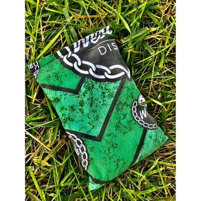 Westside Discs Chevron chalk bag with green textured fabric and white chain link details.