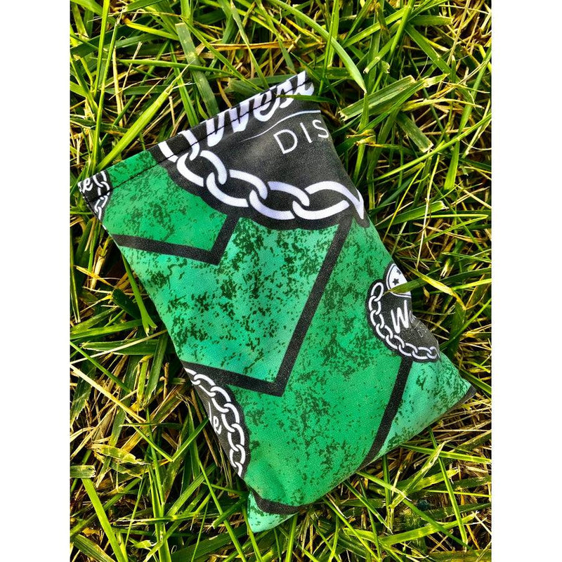 Westside Discs Chevron chalk bag with green textured fabric and white chain link details.