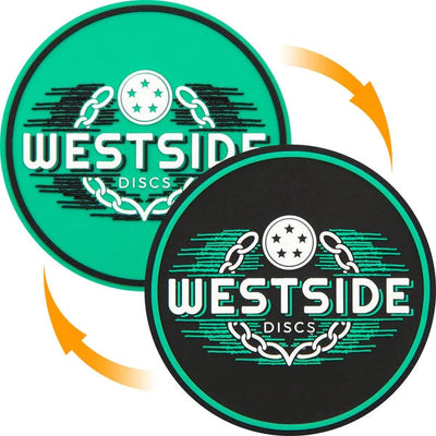 Two flexible Westside Discs mini markers, one teal with a black logo, and one black with a teal logo.