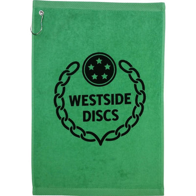 Green hand towel with a black Westside Discs logo showing a chain around "WESTSIDE DISCS" and three stars.