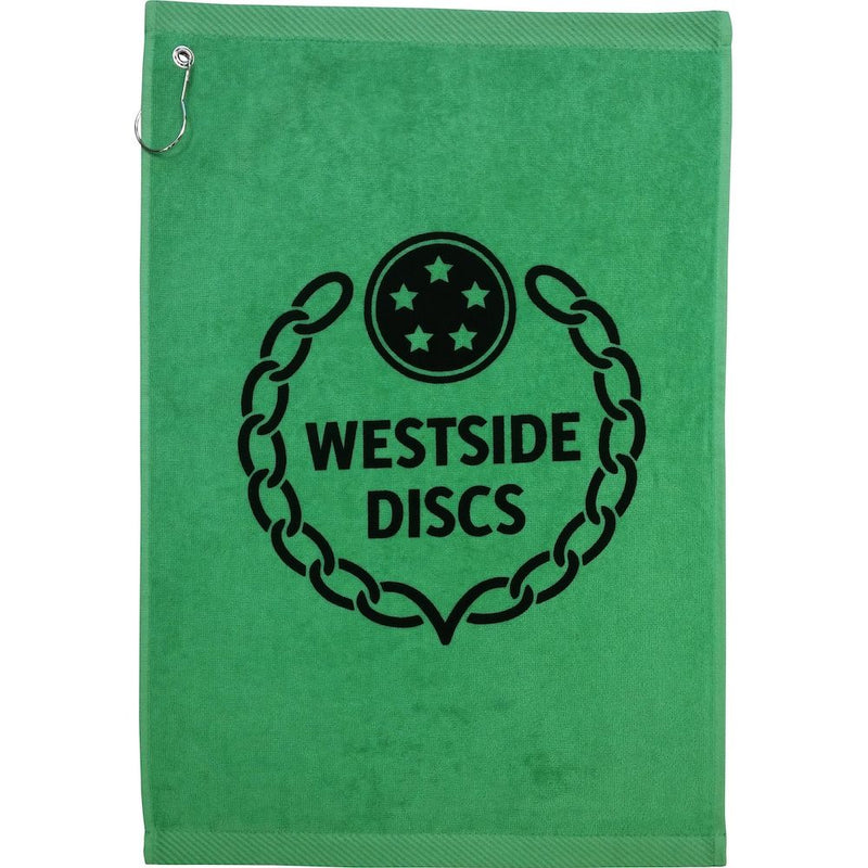 Green hand towel with a black Westside Discs logo showing a chain around "WESTSIDE DISCS" and three stars.