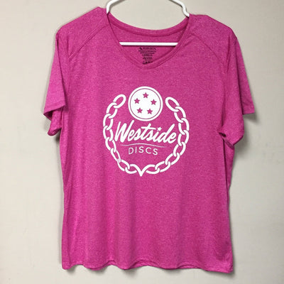 Pink ladies dri fit tee with a white Westside Discs logo featuring chains and three stars.