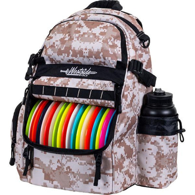 Westside Discs Refuge Pack disc golf bag in desert digital camouflage with colorful discs and a black water bottle.
