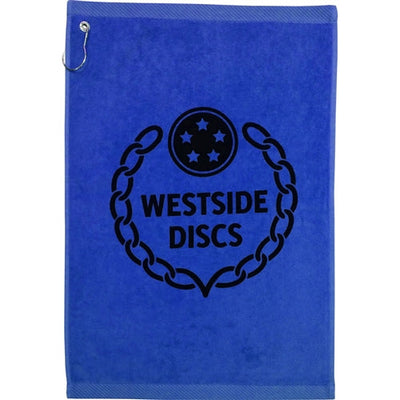 Royal blue Westside Discs towel with a black chain border logo and an attached silver carabiner.