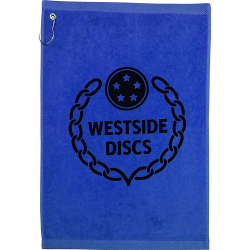Royal blue Westside Discs towel with a black chain border logo and an attached silver carabiner.