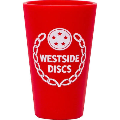 Red Westside Discs Sili Pint with a white logo featuring "WESTSIDE DISCS" encircled by a chain design and five stars.