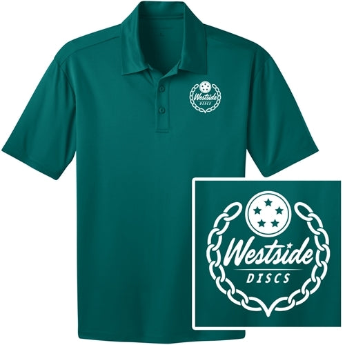 Teal Westside Discs polo shirt with two buttons and a prominent white Westside Discs logo on the chest.