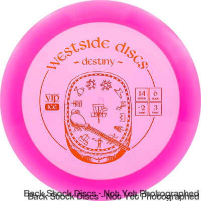Pink Westside Discs VIP Ice Destiny disc golf driver with a red tribal-inspired stamp featuring a basket and ratings.