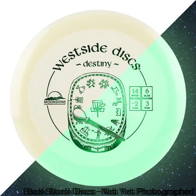 Westside Discs VIP Moonshine Glow Destiny disc golf disc with a unique green stamped moonshine and clock design.