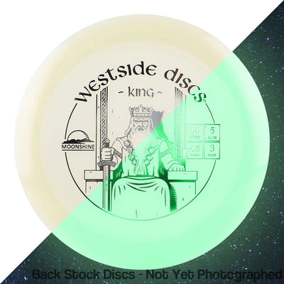 Westside Discs VIP Moonshine Glow King disc with a black king on a throne stamp, partly glowing green.