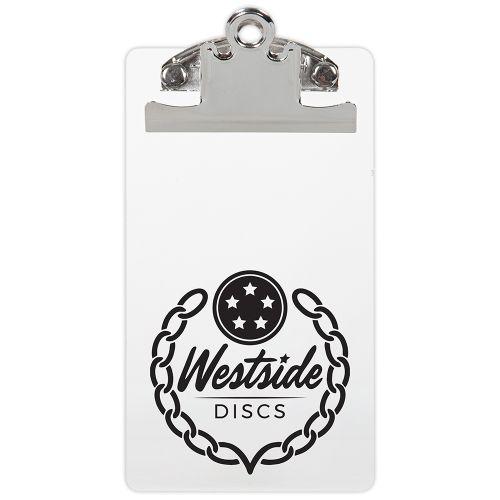 White Westside Discs scorekeeping clipboard with a silver metal clip and black chain logo graphic.
